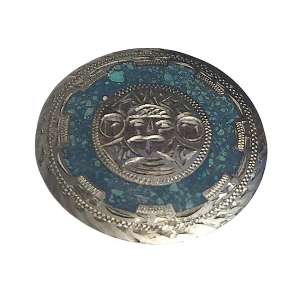 Vintage Alpaca Silver Aztec Calendar Pendant Brooch: Abalone  Vtg Alpaca Mexico Silver Turquoise Chip Mayan Aztec Calendar Pin Brooch